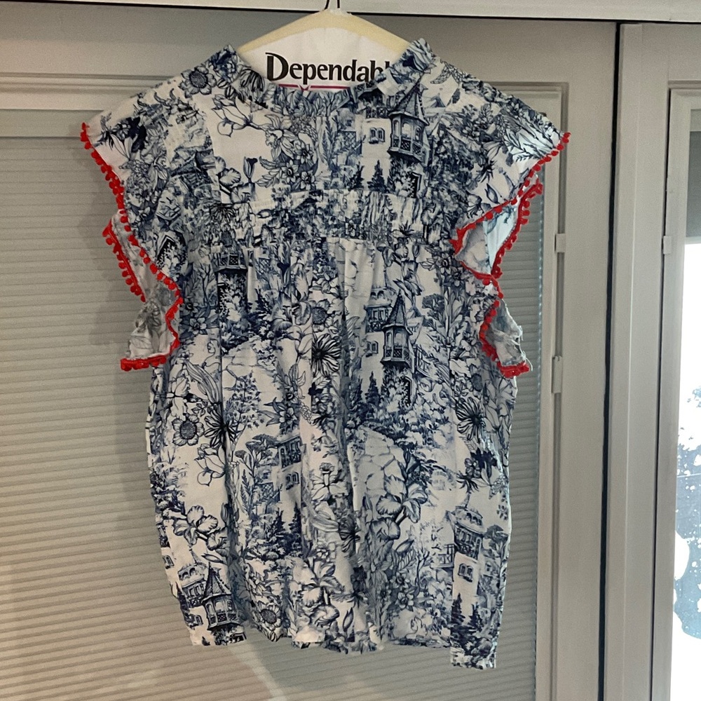 THML Blue and White Printed Top with Red Accents